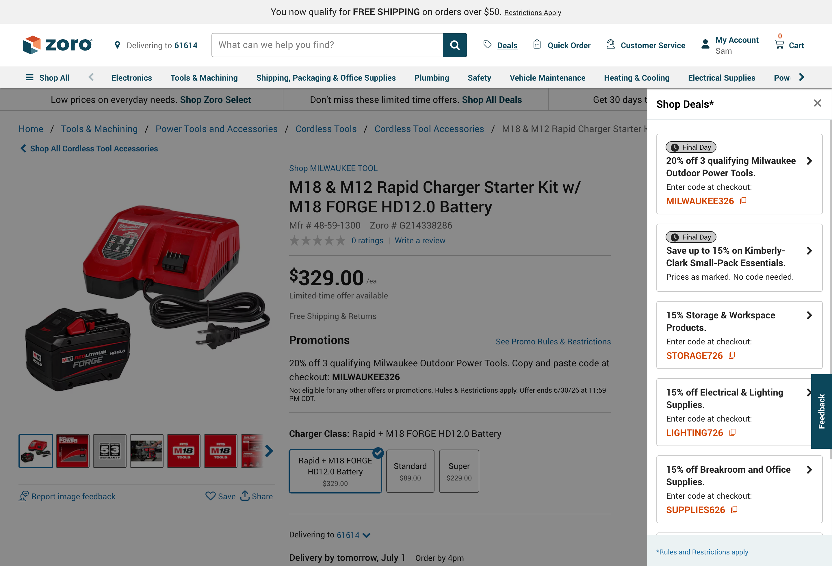 Zoro product detail page with the Deals Drawer open showing multiple promotion cards.