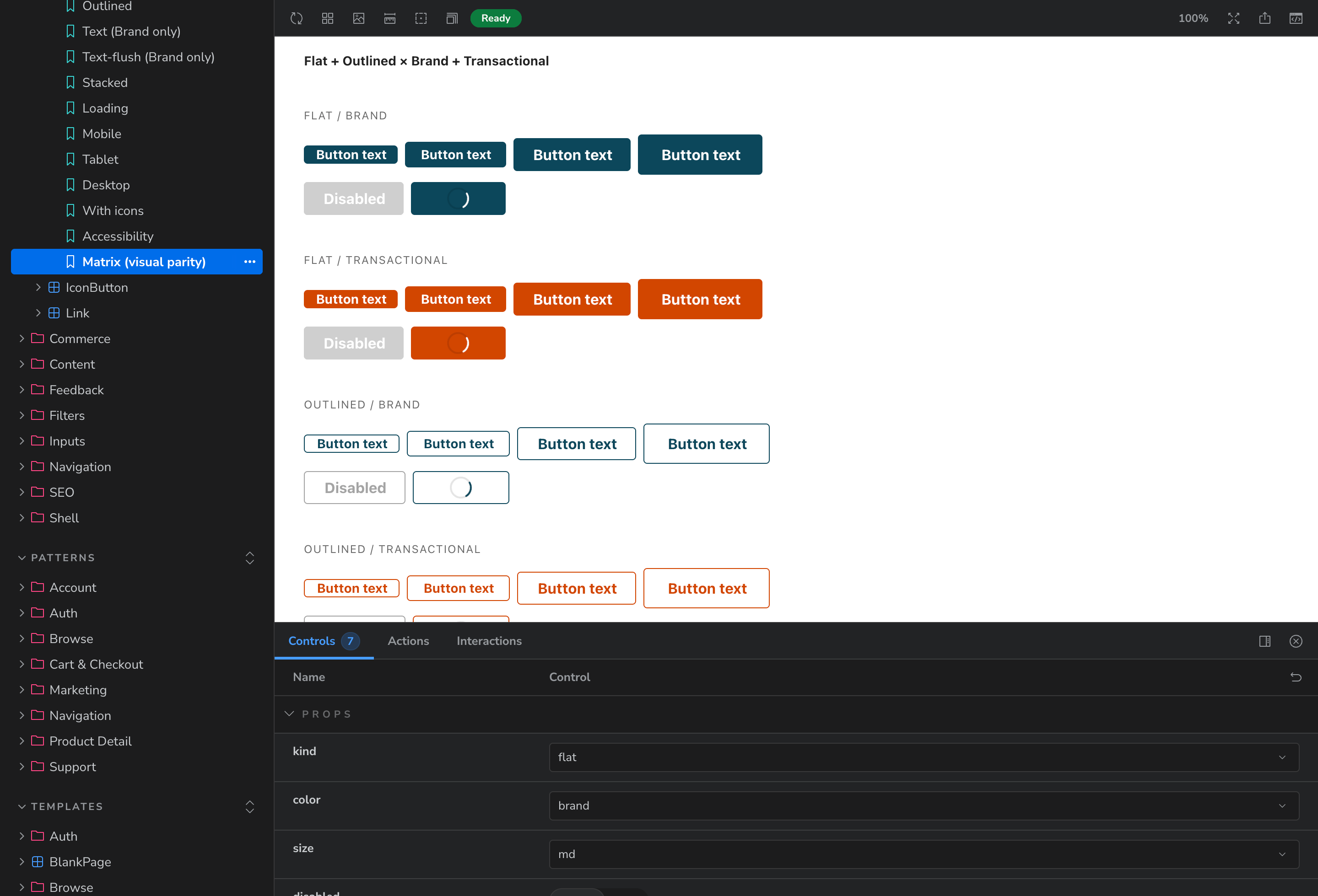 Storybook showing the Button component with every variant and state, and live props in the Controls panel.