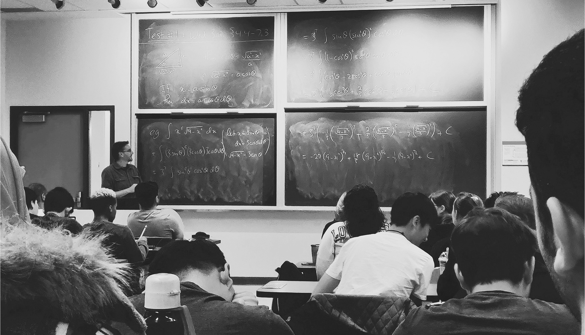 Classroom with math problems on the board